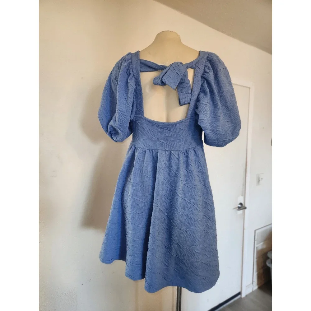 Free People Violet Mini Dress Blue Puff Sleeve Square Neck Textured M Coastal